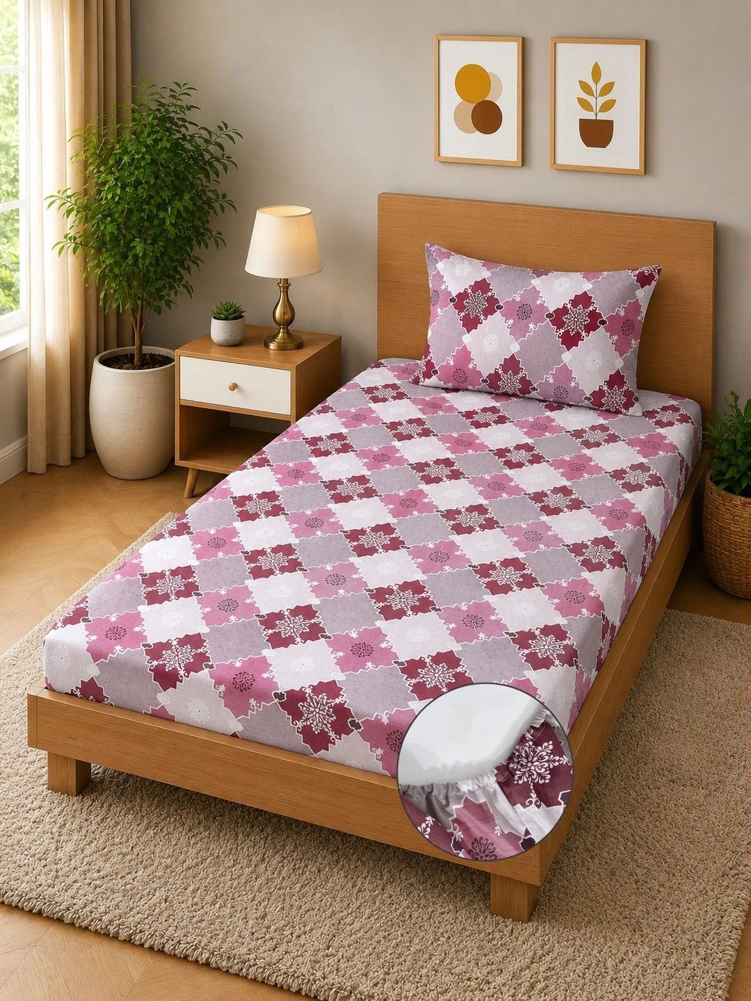 Moda Rapido X KLOTTHE Pink & Grey Geometric 400 TC Single Bedsheet with 1 Pillow Covers