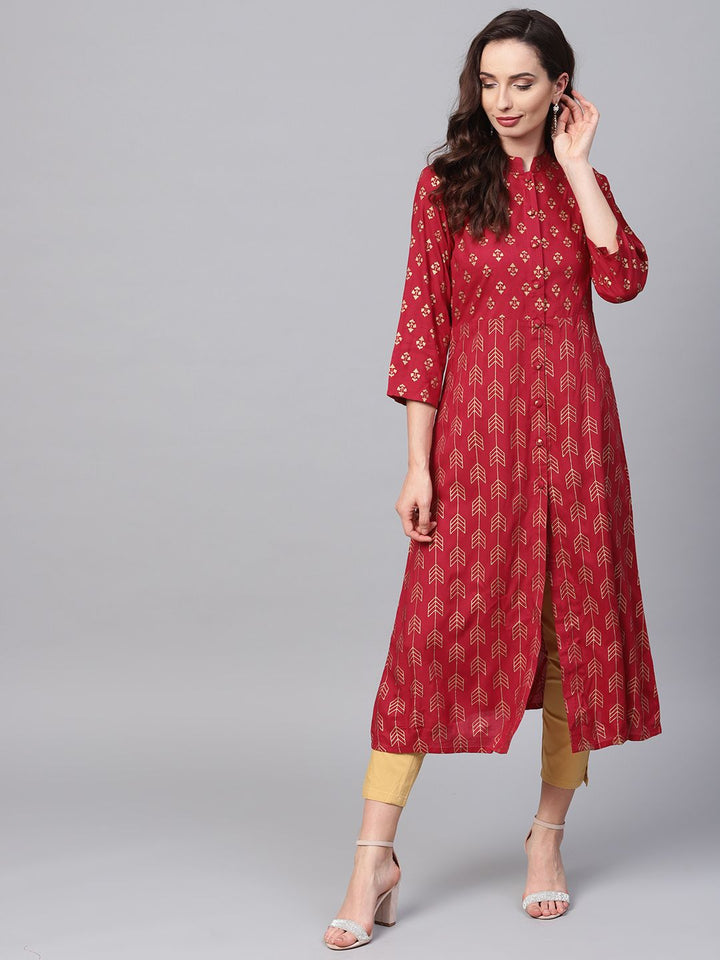 SOJANYA Women Maroon & Golden Foil Print A-Line Kurta