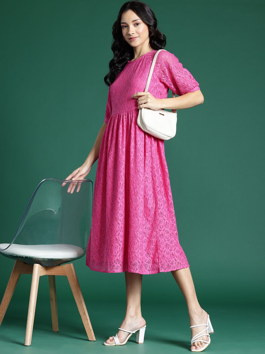 DressBerry Floral Puff Sleeve Lace Midi A-Line Dress