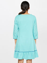 Global Desi Blue Tie-Up Neck Drop-Waist Pure Cotton Dress