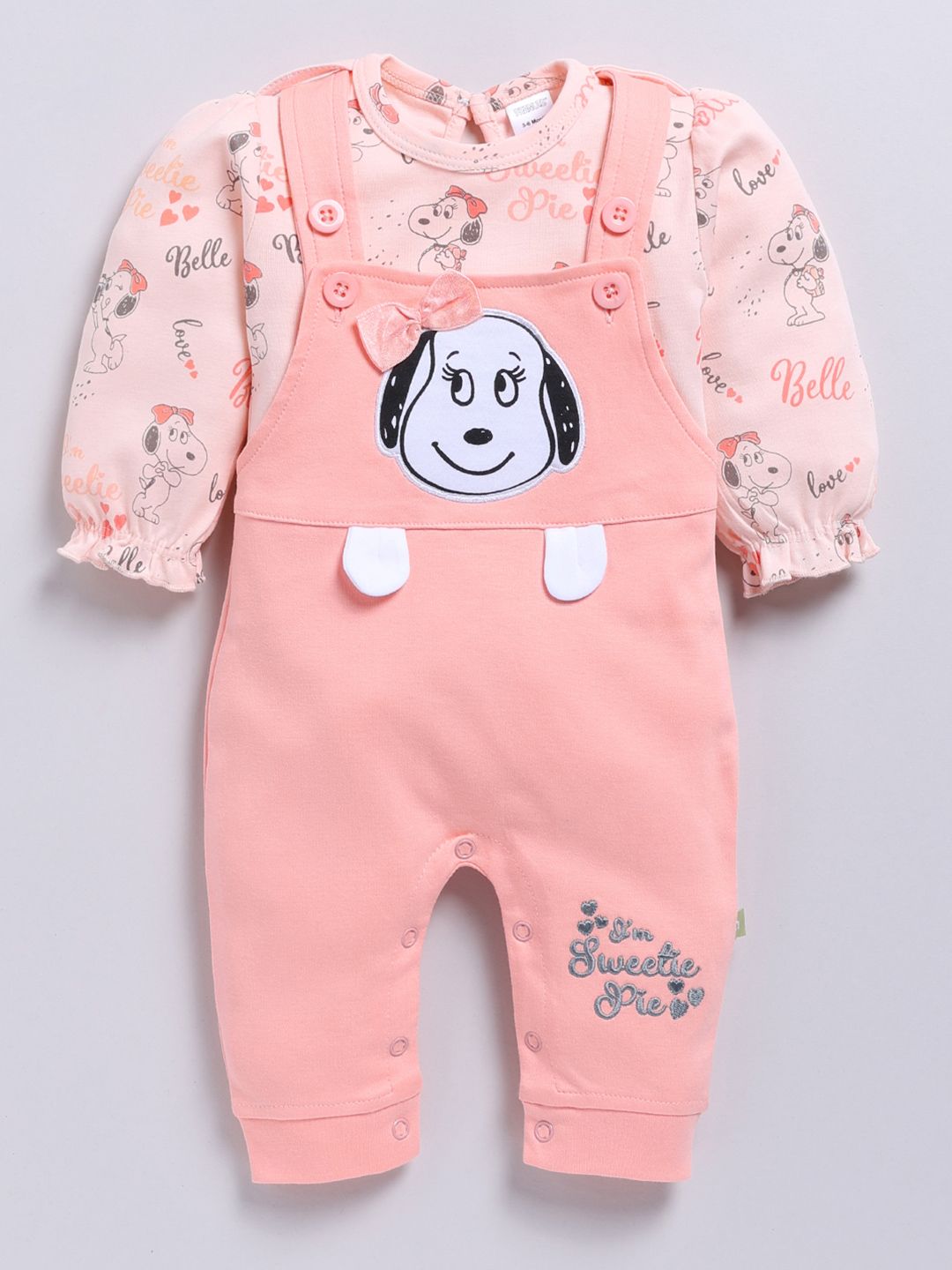 Moms Love Infants Girls Pure Cotton Applique Detail Dungaree With Printed T-Shirt