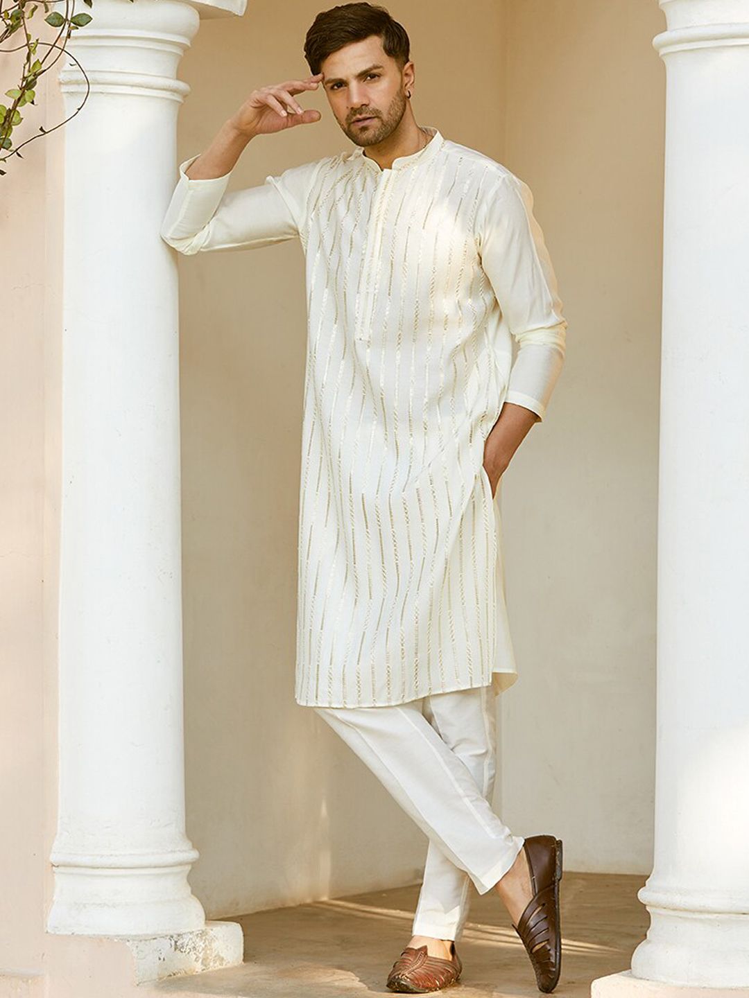 See Designs Striped Embroidered Sequined Straight Kurta