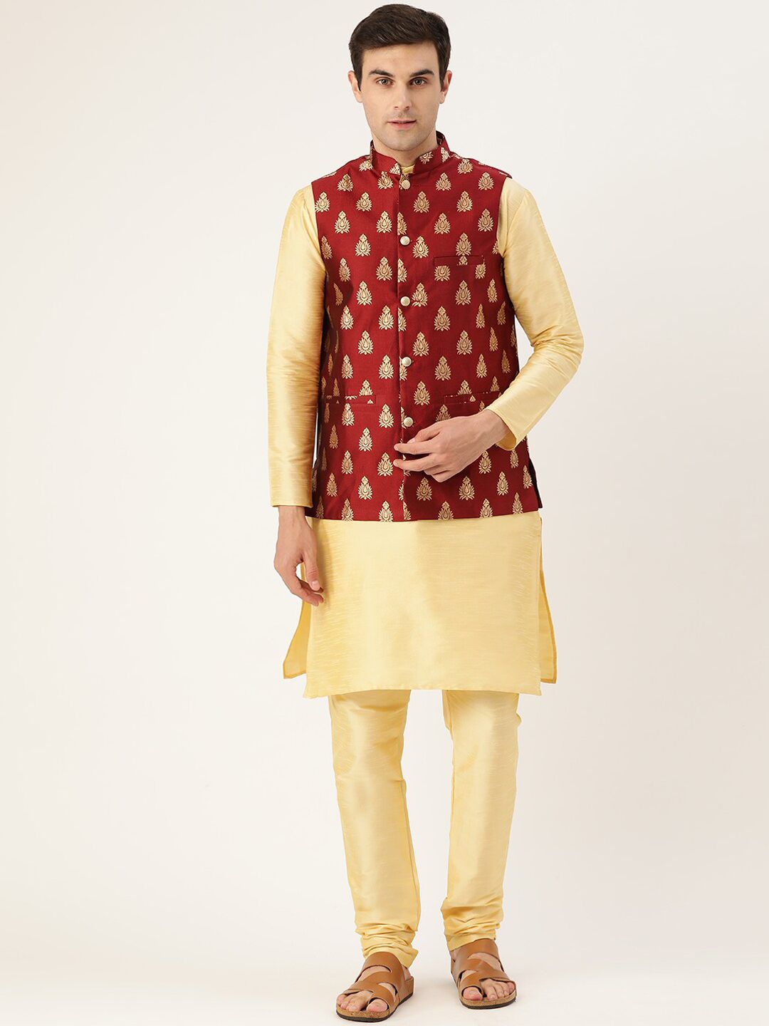 SOJANYA Mandarin Collar Silk Blend Regular Kurta With Churidar & Nehru jacket