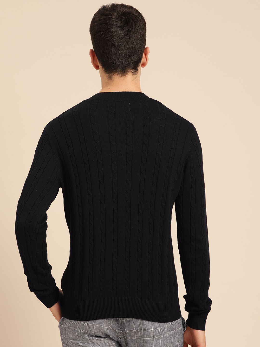 Mr Bowerbird Men Black Pure Cotton Cable Knit Sweater