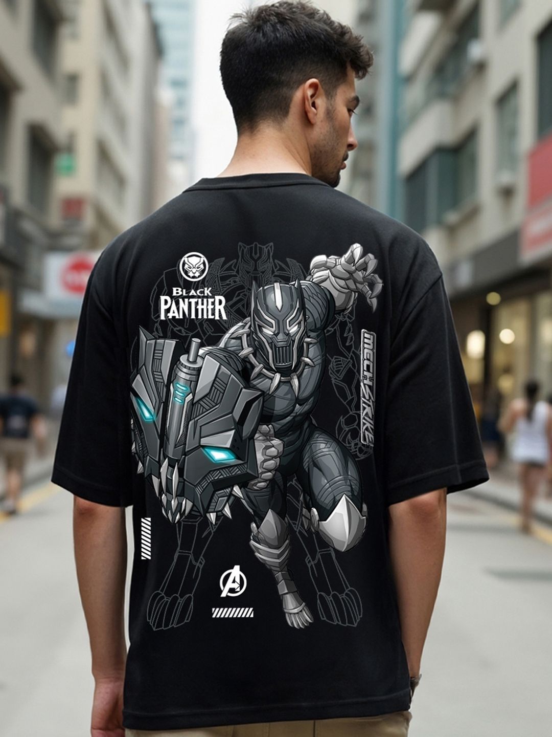 Bewakoof Black Black Panther Printed Round Neck Short Sleeves Cotton Oversized T-shirt