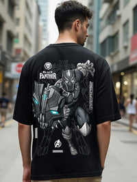 Bewakoof Black Black Panther Printed Round Neck Short Sleeves Cotton Oversized T-shirt