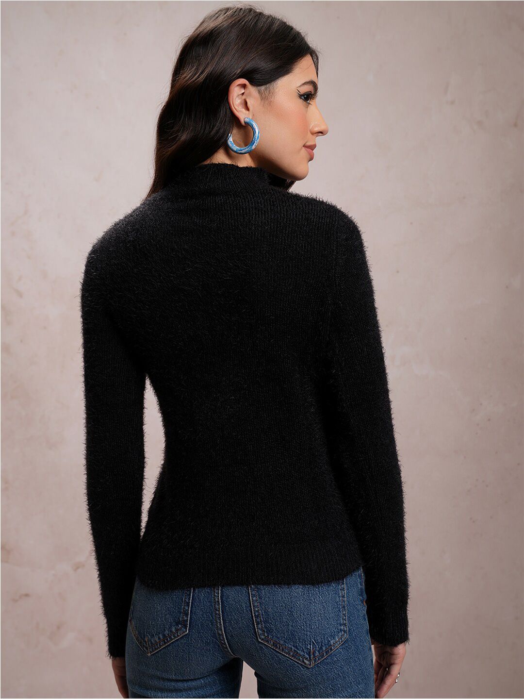 Tokyo Talkies Black Embellished High Neck Acrylic Pullover