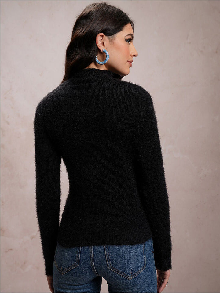 Tokyo Talkies Black Embellished High Neck Acrylic Pullover