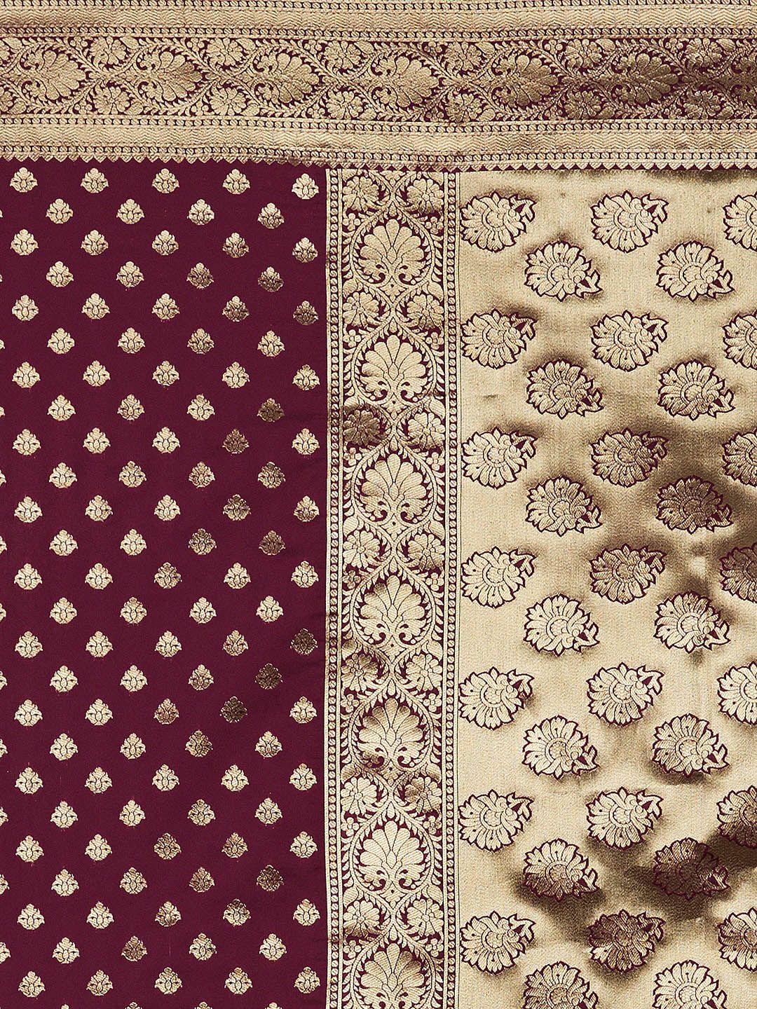 Mitera Magenta & Gold-Toned Silk Blend Woven Design Kanjeevaram Saree