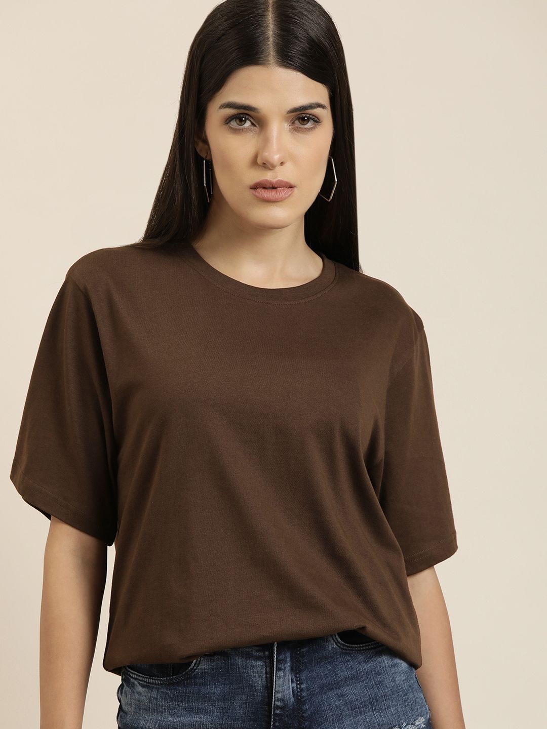 DILLINGER Women Brown Solid Pure Cotton Oversized T-shirt