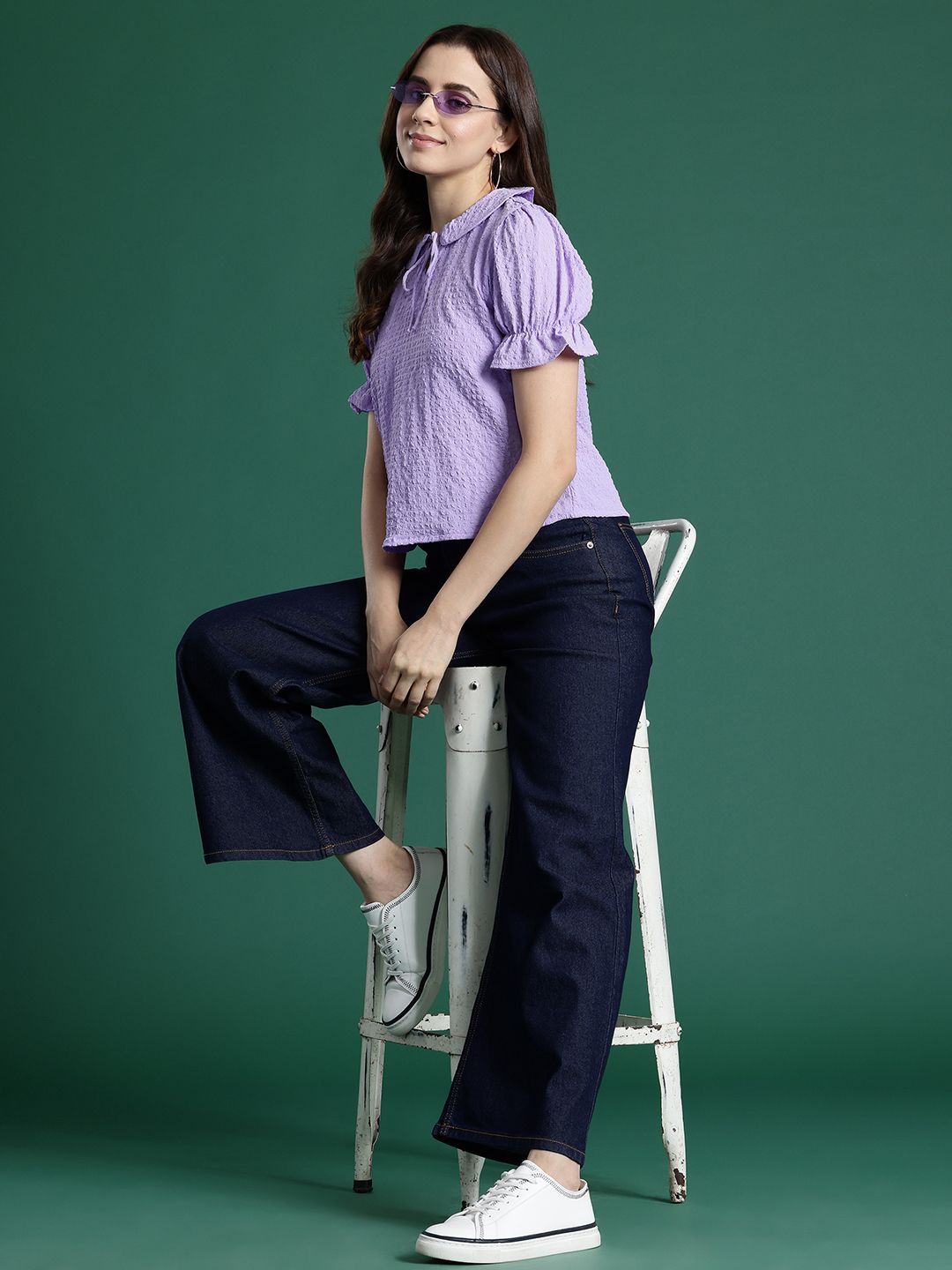 DressBerry Seersucker Tie-Up Neck Puff Sleeves Top