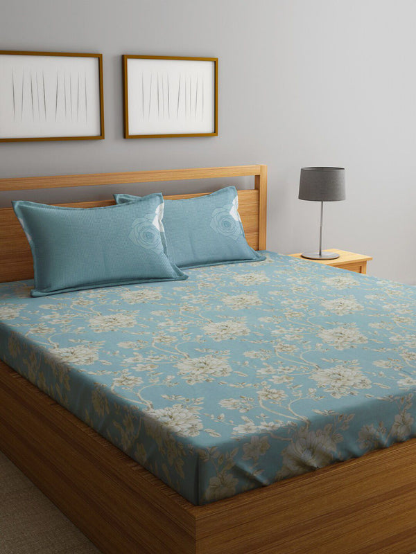 KLOTTHE Floral Printed 400 TC Pure Cotton Fitted Super King Bedsheet & 2 Pillow Covers