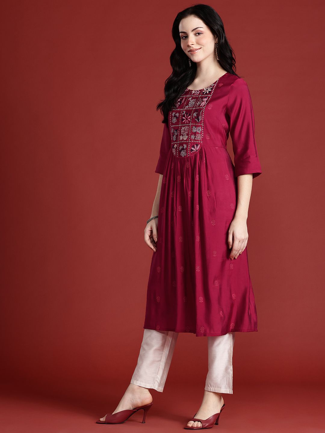 Anouk Floral Yoke Design Empire Style A-Line Kurta with Trousers & Dupatta