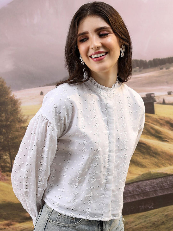Tokyo Talkies White Self Design Schiffli Band Collar Cuffed Sleeves Shirt Style Top