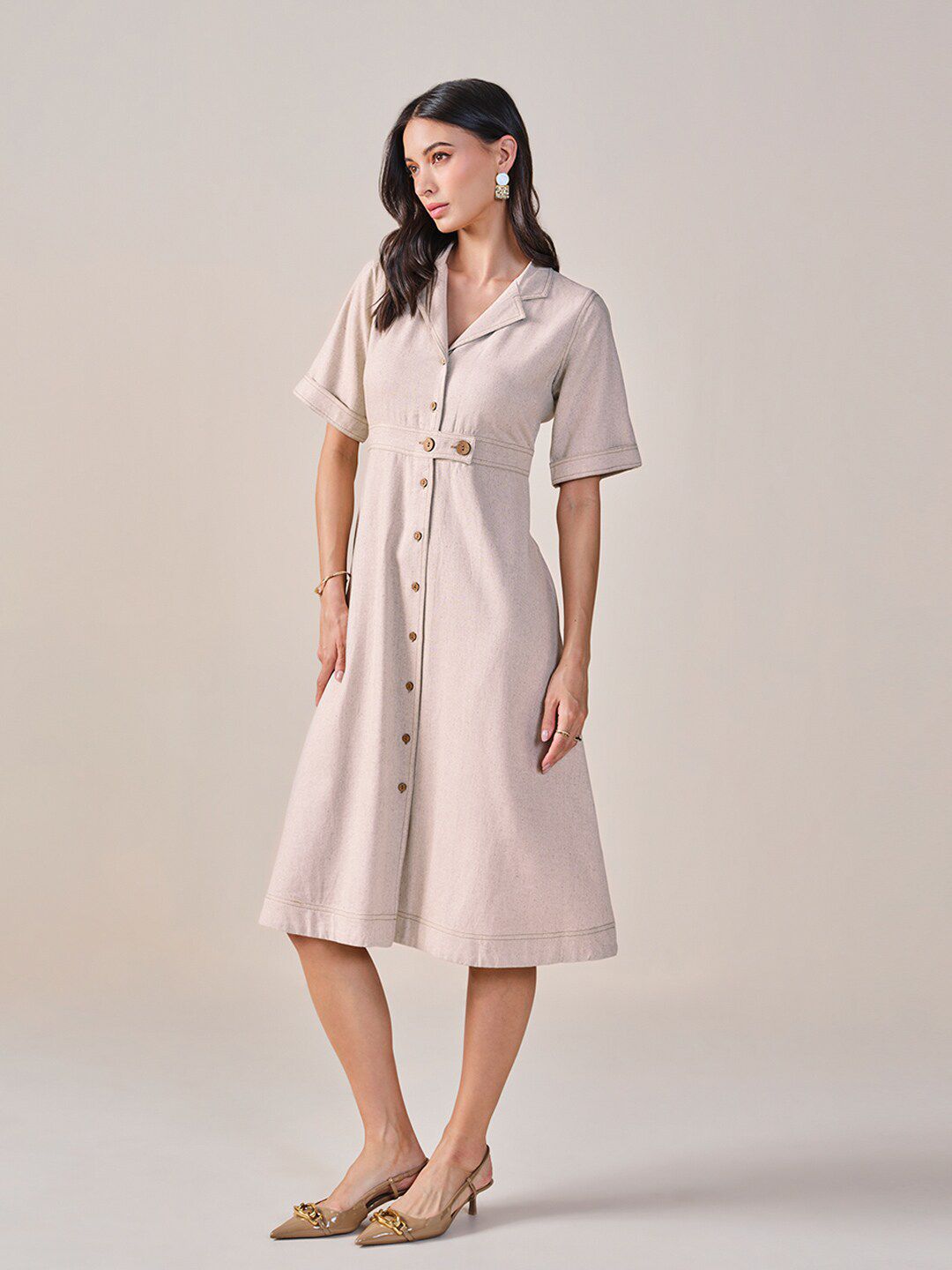 AND Lapel Collar Short Sleeves Shirt Midi Dress