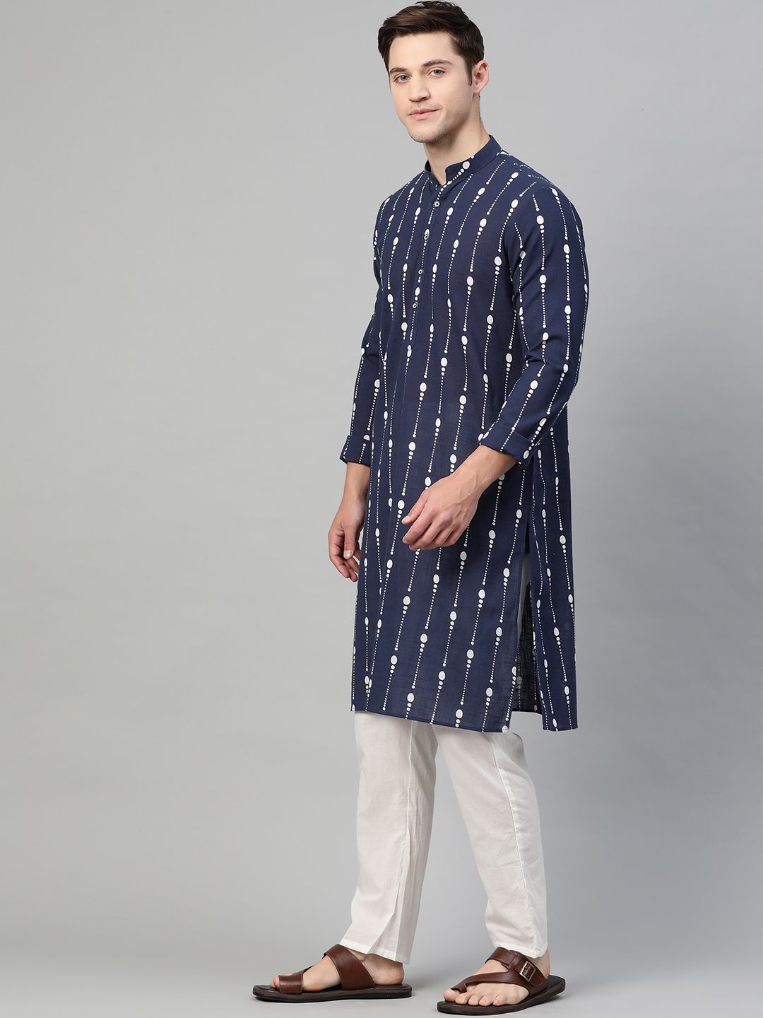 See Designs Men Navy Blue & White Printed Pure Cotton Straight Kurta