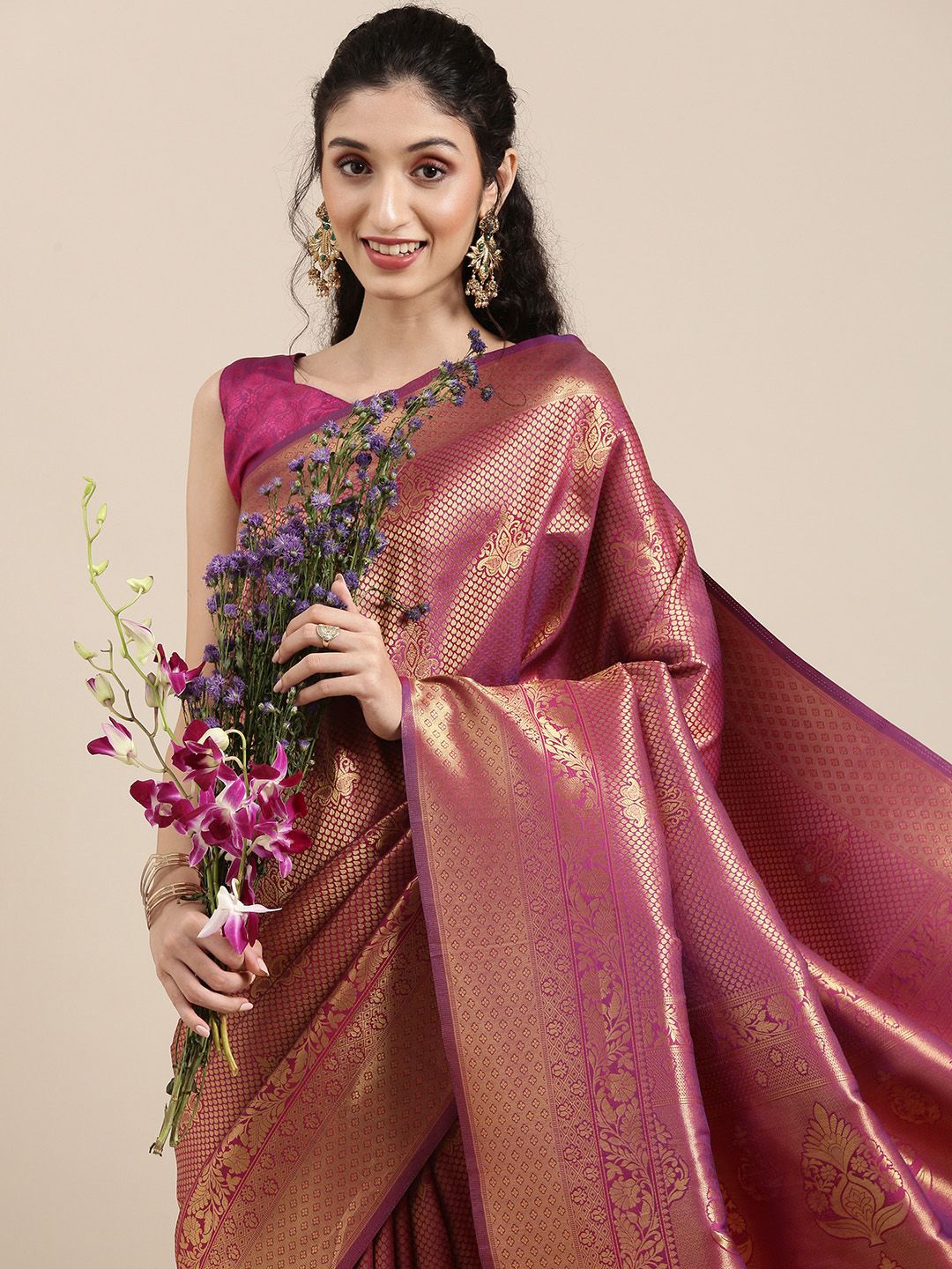 Saree mall Magenta Ethnic Motifs Zari Silk Blend Banarasi Sarees