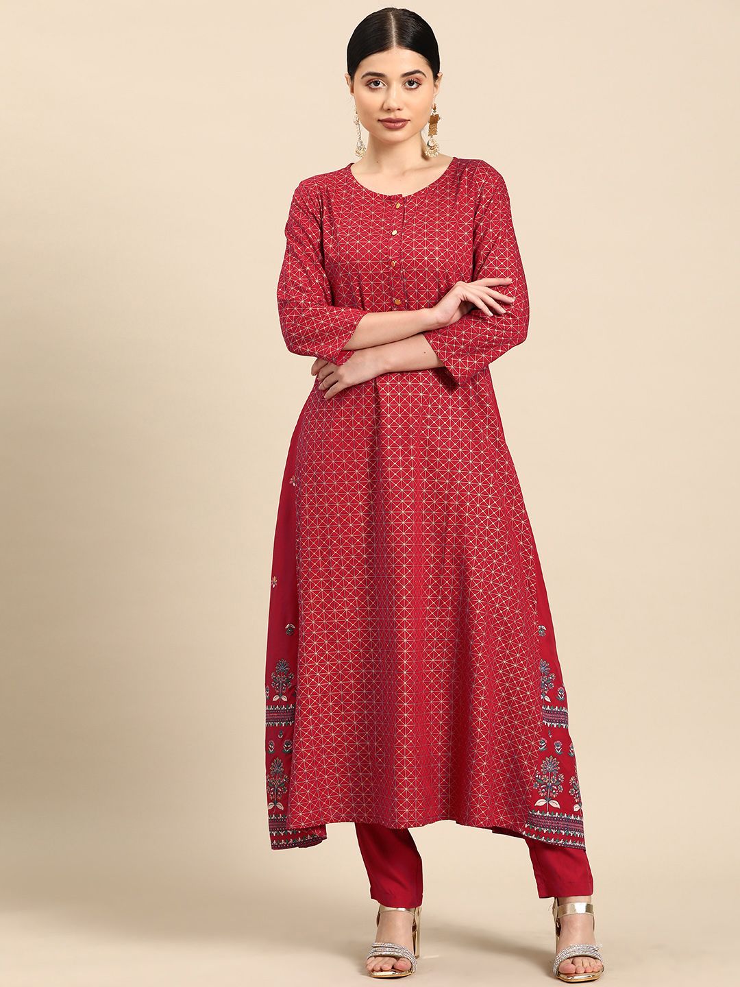 all about you Women Maroon Ethnic Motifs Printed Regular Kurta with Trousers