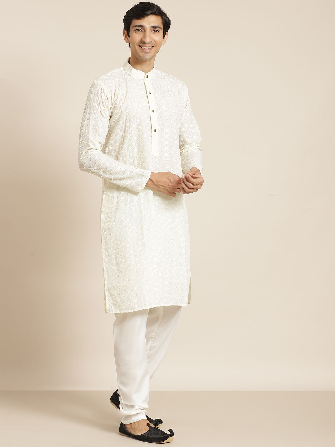 SOJANYA Men Cream-Coloured Chikankari Pure Cotton Kurta with Churidar & Nehrujacket