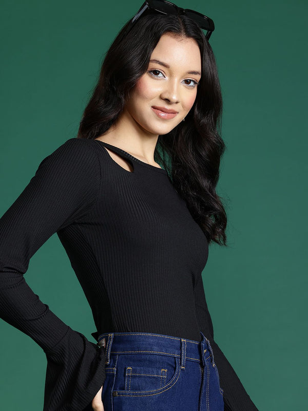 DressBerry Bell Sleeves Ribbed Cut-Out Top