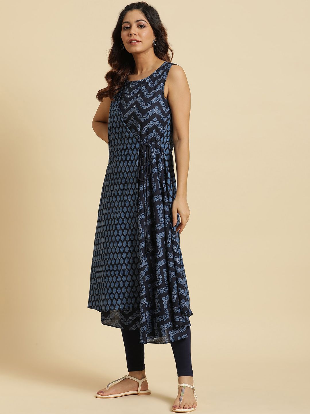 W Blue Ethnic Motifs Printed Pure Cotton Anarkali Kurta