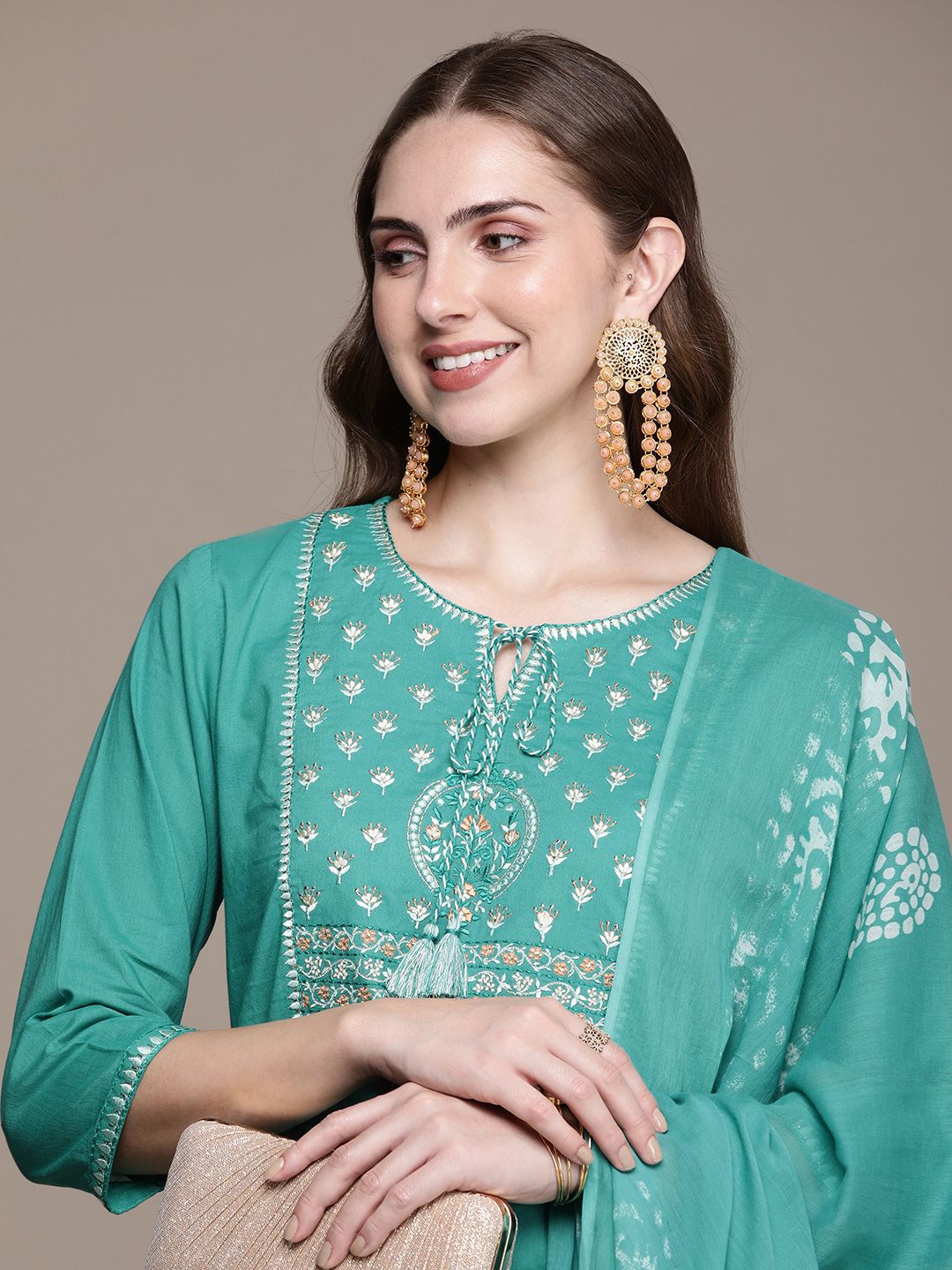Anouk Women Floral Embroidered Regular Pure Cotton Kurta with Trousers & With Dupatta