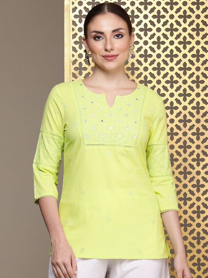 House of Pataudi  Jashn Pure Cotton Thread Work Floral Embroidered Mirror Work Kurti
