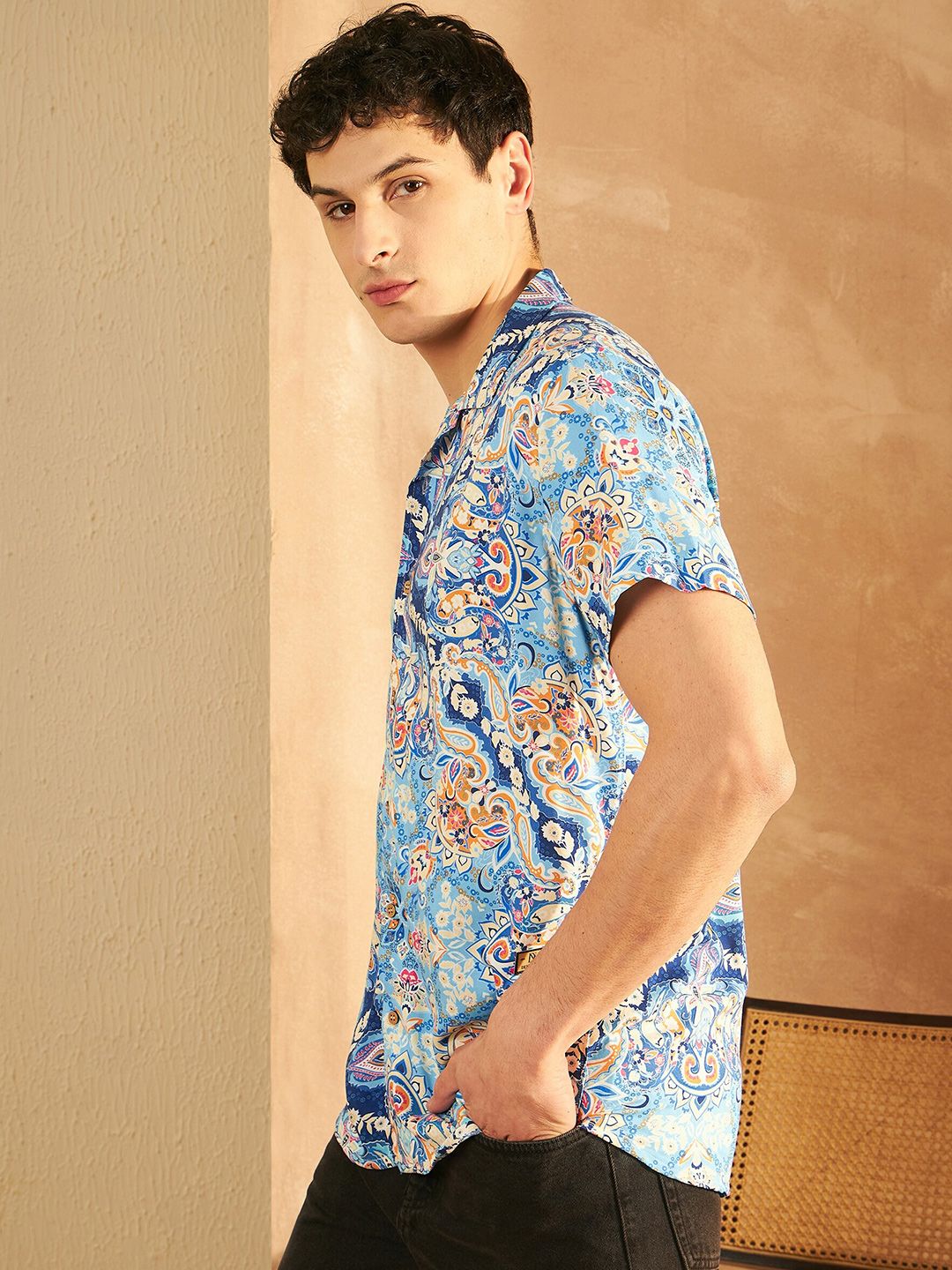 DENNISON Smart Floral Printed Cuban Collar Short Sleeves Casual Shirt