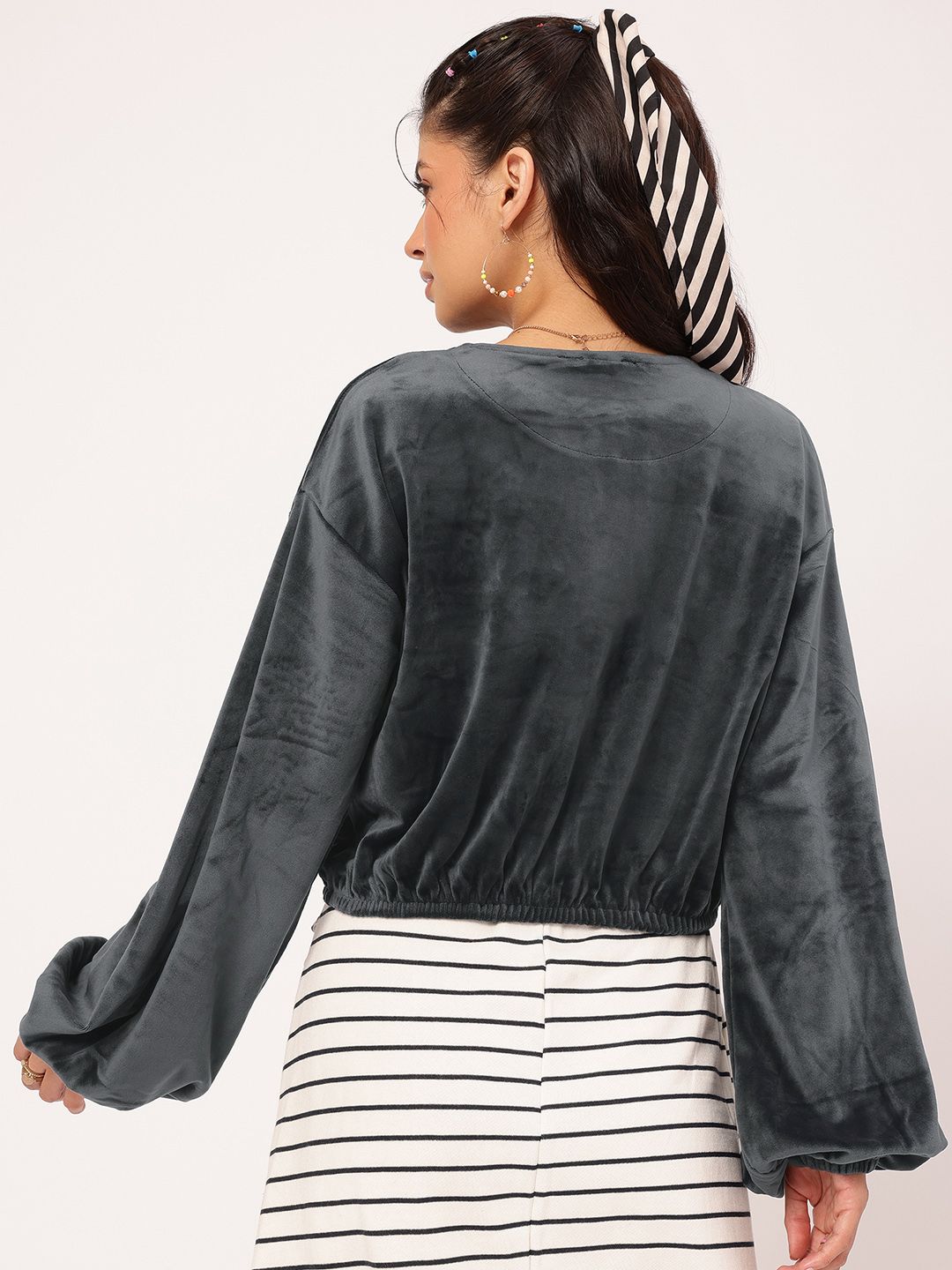 DressBerry Nomadic Nest Velour Finish Dramatic Puff Sleeves Crop Jacket