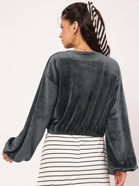 DressBerry Nomadic Nest Velour Finish Dramatic Puff Sleeves Crop Jacket