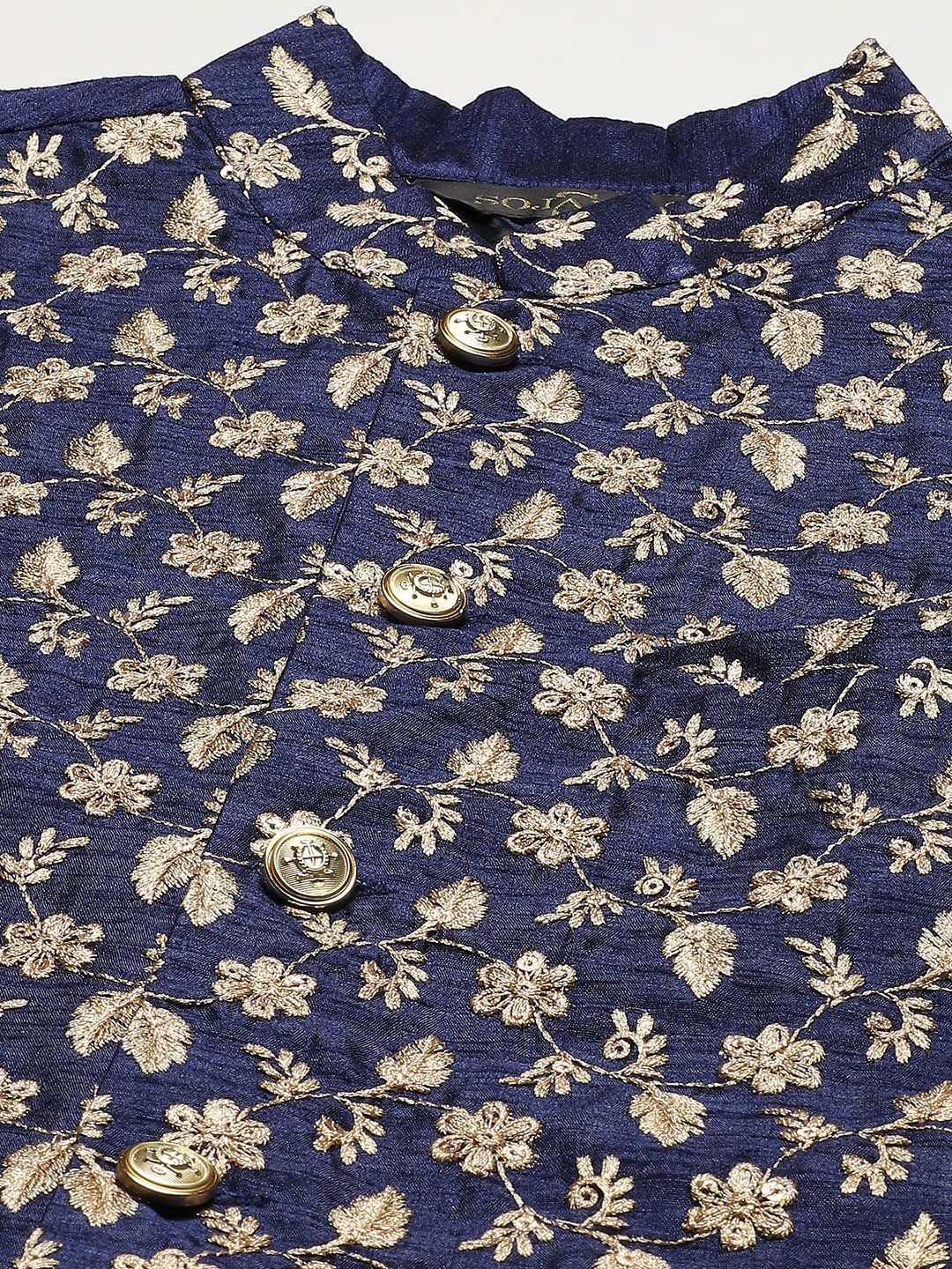 SOJANYA Men Blue Chikankari Pure Cotton Kurta with Churidar & Nehru Jacket