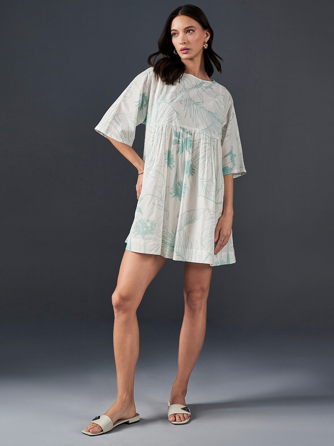 AND Floral Printed Boat Neck Pure Cotton Mini A-Line Dress