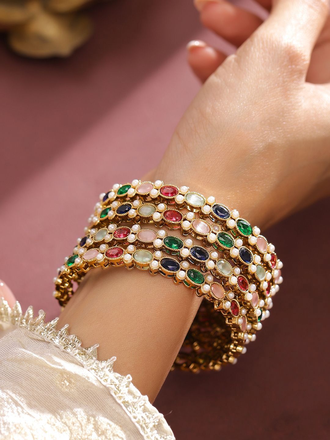 Rubans Set of 4 18K Gold-Plated Multicolour Zirconia & Pearl Beaded Designer Bangles