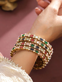 Rubans Set of 4 18K Gold-Plated Multicolour Zirconia & Pearl Beaded Designer Bangles