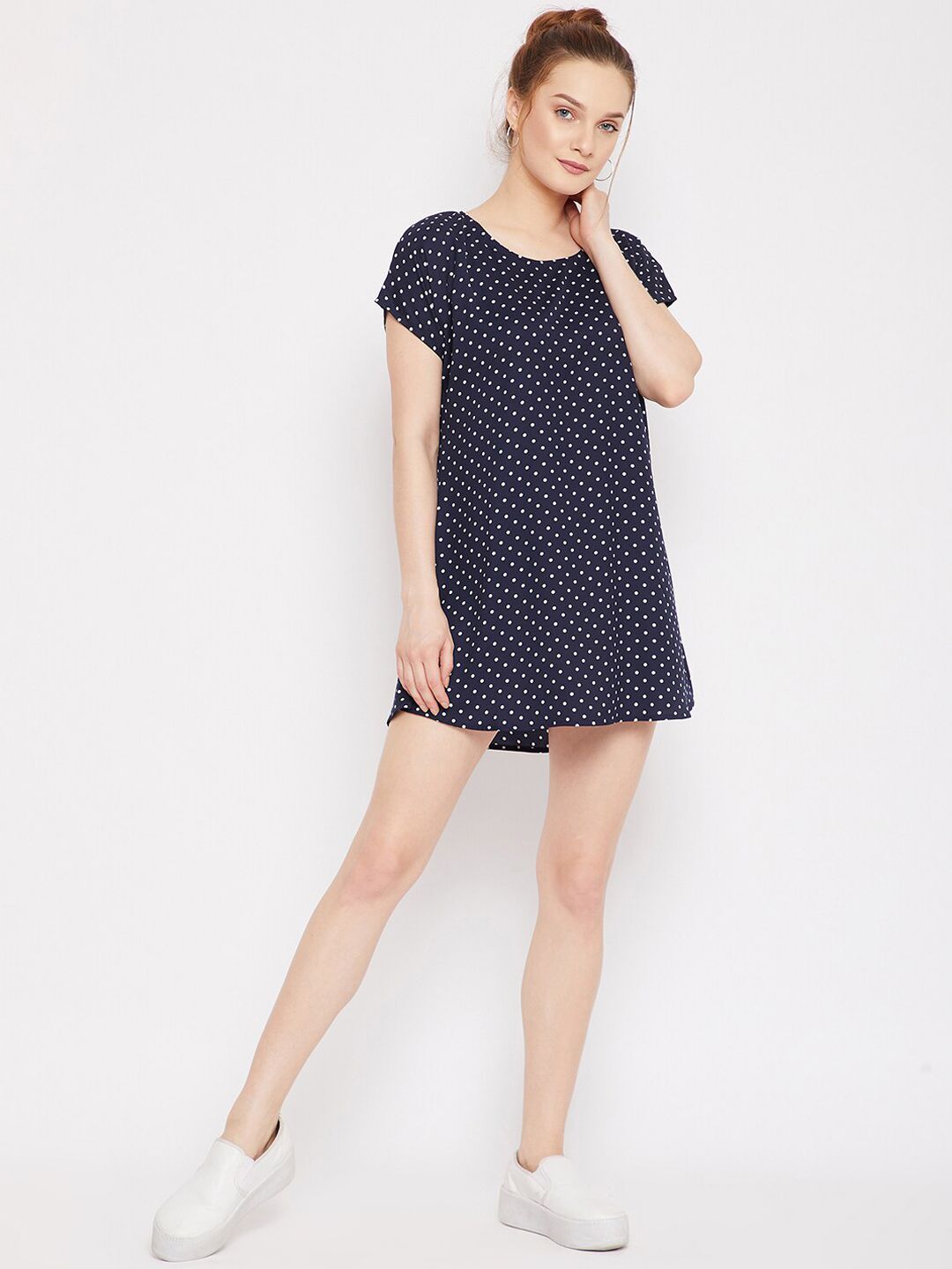 Berrylush Women Navy Blue & White Polka Dot Printed Crepe T-shirt Mini Dress
