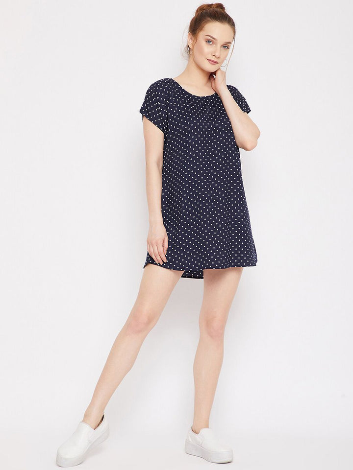 Berrylush Women Navy Blue & White Polka Dot Printed Crepe T-shirt Mini Dress