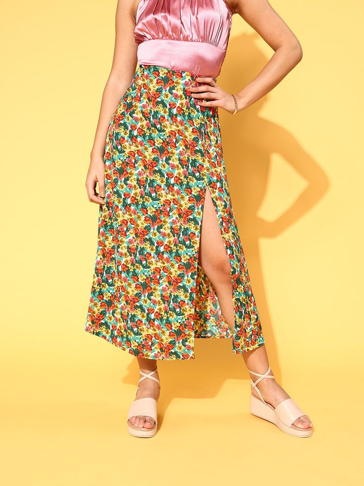 Berrylush Women Green & Red Floral High-Slit Midi A-Line Skirt