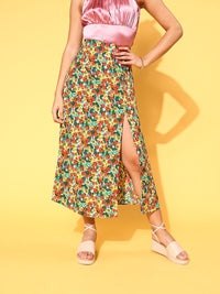 Berrylush Women Green & Red Floral High-Slit Midi A-Line Skirt