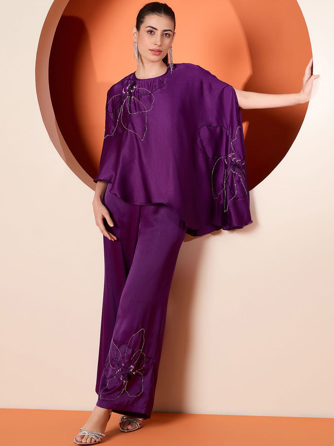 Antheaa Embellished Satin Top With Trousers Co-Ords