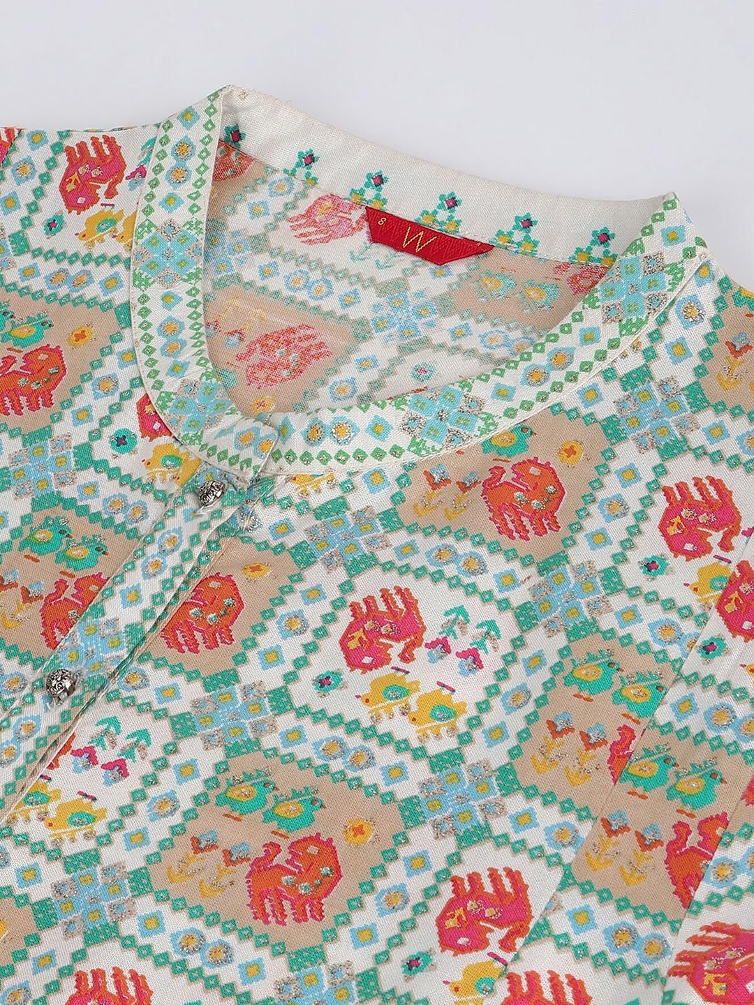 W Women Sea Green & White Ethnic Motifs Printed Kurta