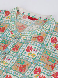 W Women Sea Green & White Ethnic Motifs Printed Kurta