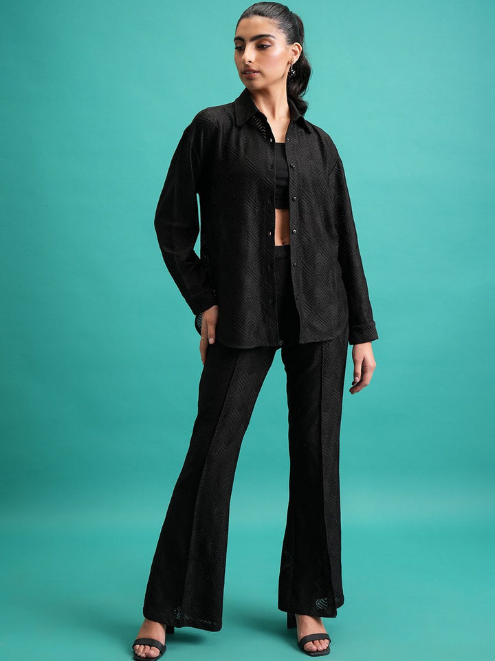 Tokyo Talkies Black Self Design Crochet Shirt With Flared Trouser Co-Ords