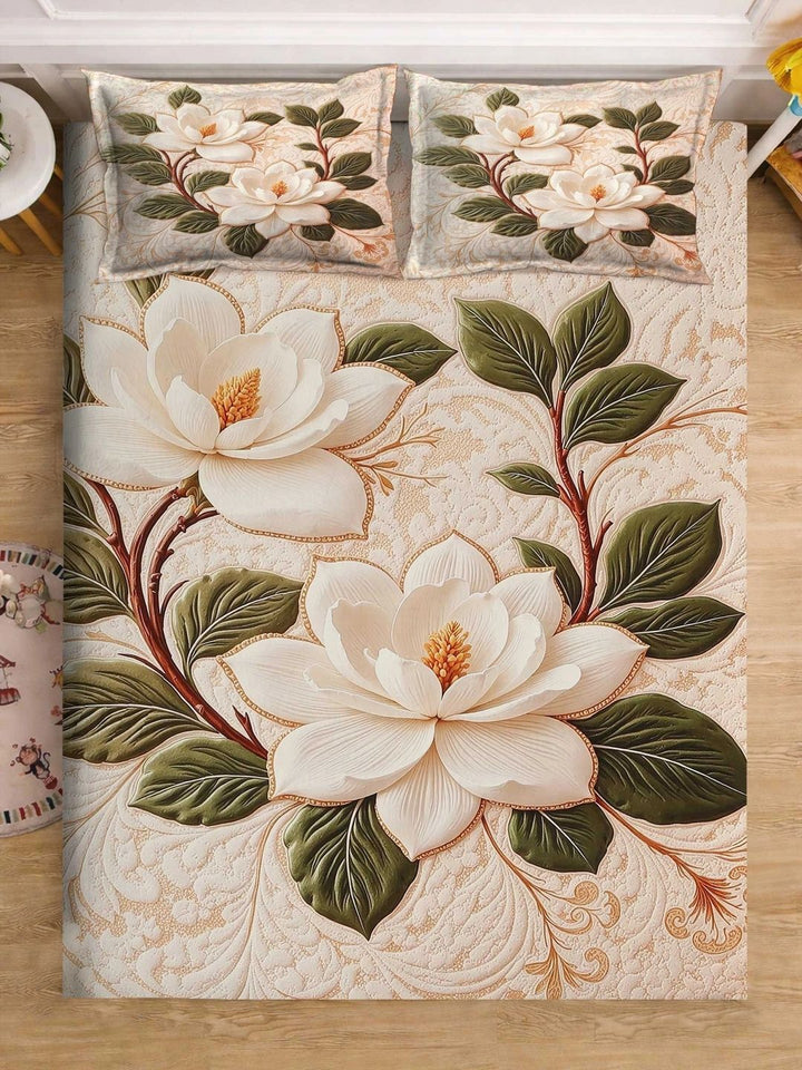 Moda Rapido X KLOTTHE Cream-Coloured & Green Floral 400 TC King Bedsheet with 2 Pillow Covers