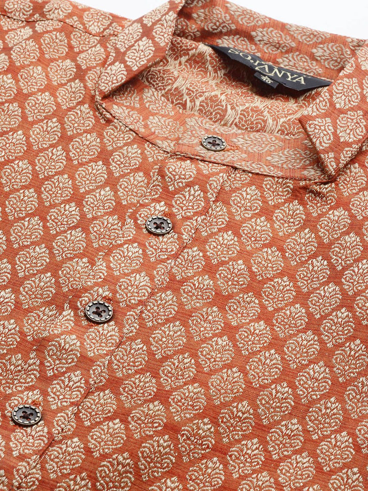 Sojanya Men Rust Orange & Cream-coloured Jacquard Woven Design Kurta With Churidar