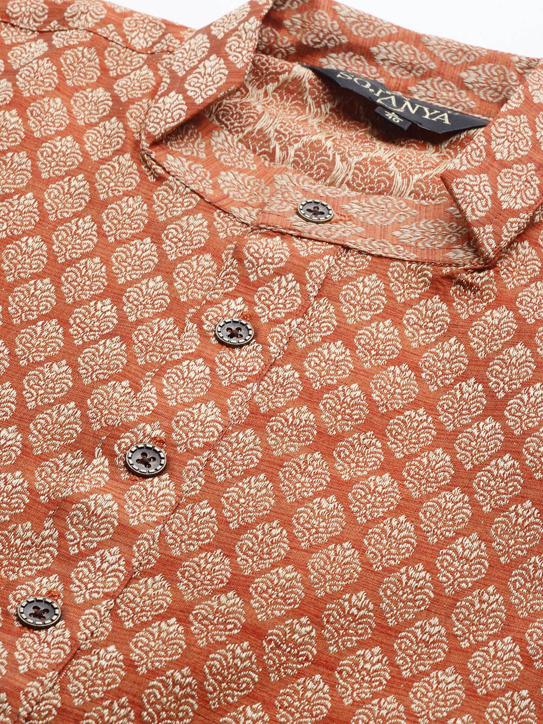 Sojanya Men Rust Orange & Cream-coloured Jacquard Woven Design Kurta With Churidar