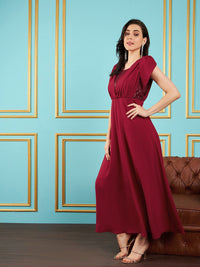 SASSAFRAS Maroon Flared Sleeves Sequinned Georgette Maxi Dress