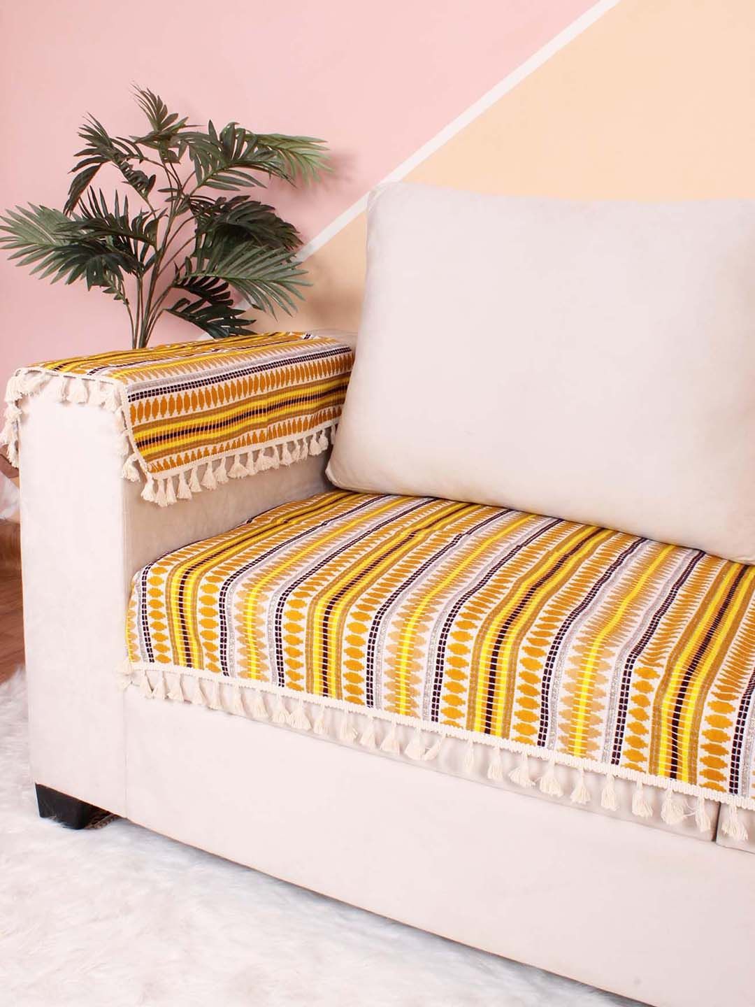 STITCHNEST Yellow & White Jacquard Printed 5-Seater Sofa Cover