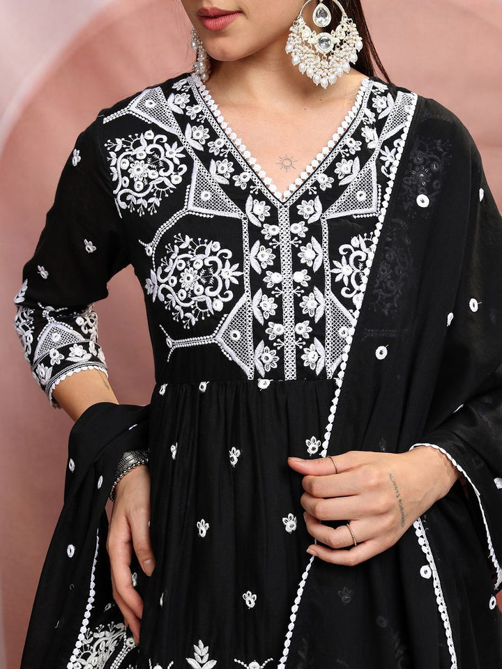 Vishudh Black Floral Embroidered Thread Work Pure Cotton Kurti with Sharara & Dupatta