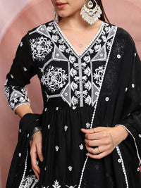 Vishudh Black Floral Embroidered Thread Work Pure Cotton Kurti with Sharara & Dupatta