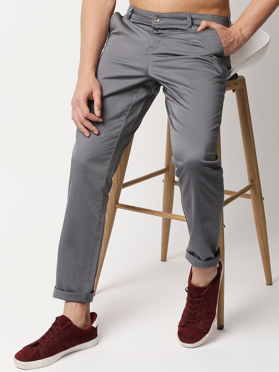 Thomas Scott Men Grey Slim Fit Easy Wash RegularChinos Trousers
